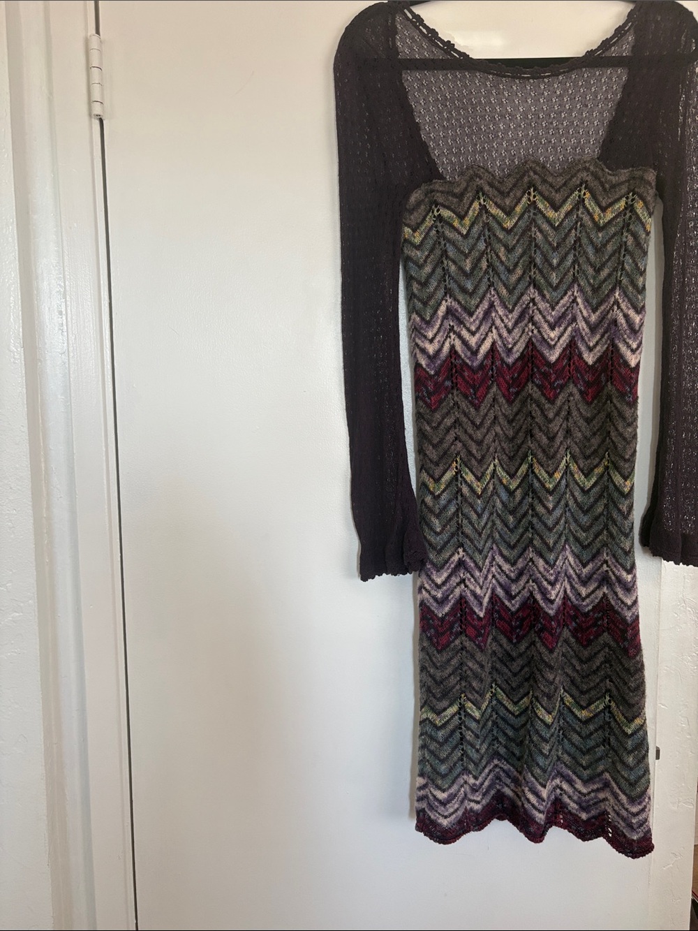 Free People Chevron Stretch Midi Dress in Gray, Burgundy & Olive M
